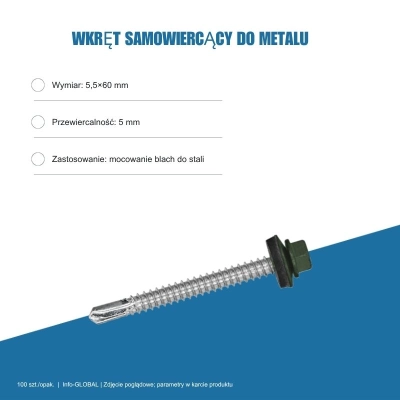 Wkręt samowiercący do metalu 5,5x60 mm, przewiercalność 5 mm, EPDM, 100 szt. – kolor do wyboru